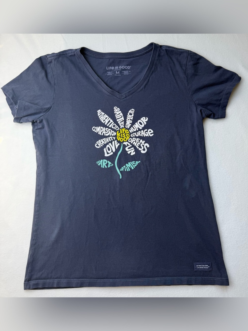 Life Is Good Navy V-Neck Daisy Word Graphic Tee